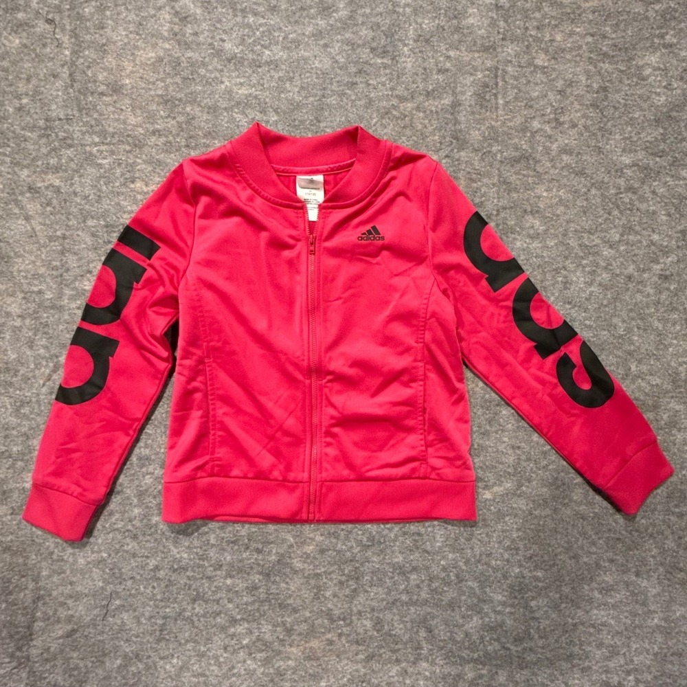Adidas Girls Pink Track Jacket Medium 10/12 Logo Sleeve Full Zip Bomber Style